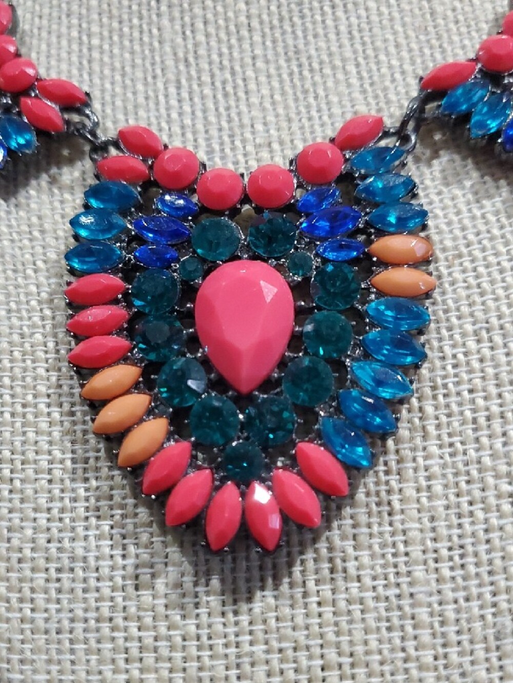 Statement Multicolor Gem Bib Necklace - Coral, Peach & Blue Chunky Maximalist - Picture 3 of 7